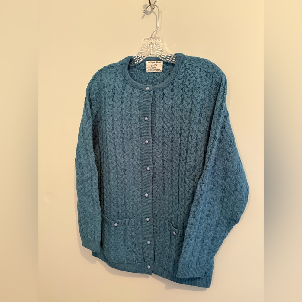 Vintage College Point Medium Cardigan Blue Crewneck Cable Knit Acrylic Classic - Picture 4 of 12
